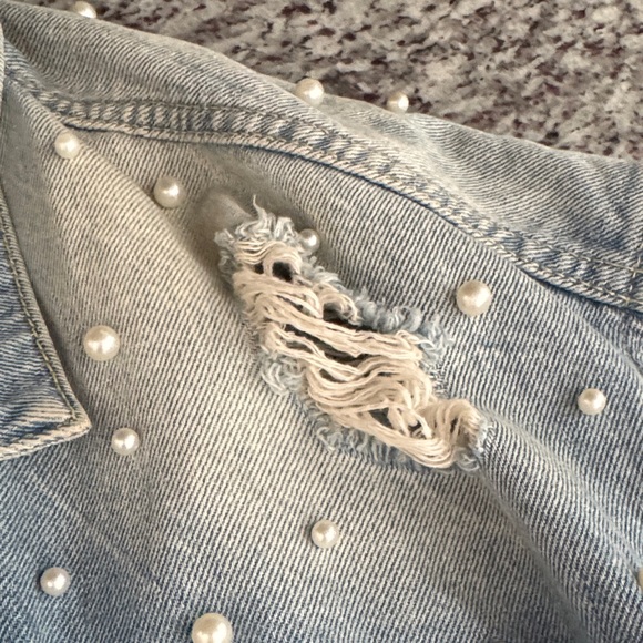 Free People Light Blue Distressed Jean Jacket with Pearl Accents - Picture 4 of 5